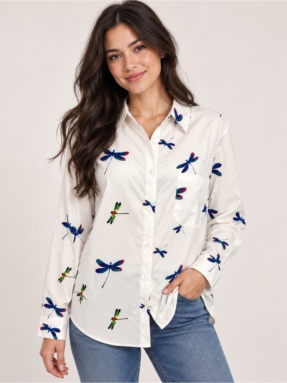 White Dragonfly-Print Button Down Shirt